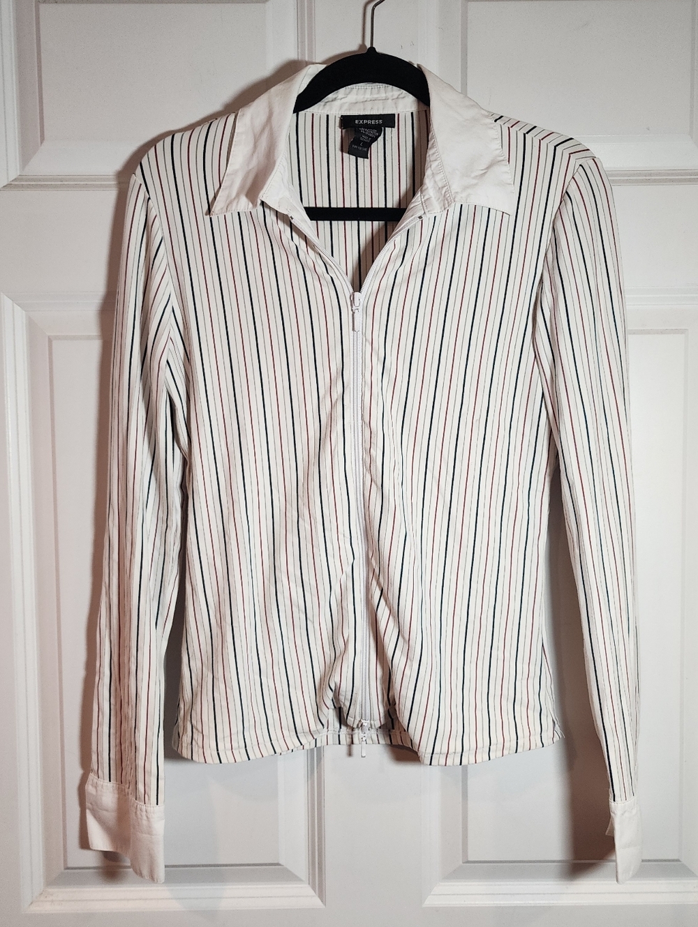 Express White Long-Sleeve Zip-Front Striped Shirt Large Has Some Wash Wear